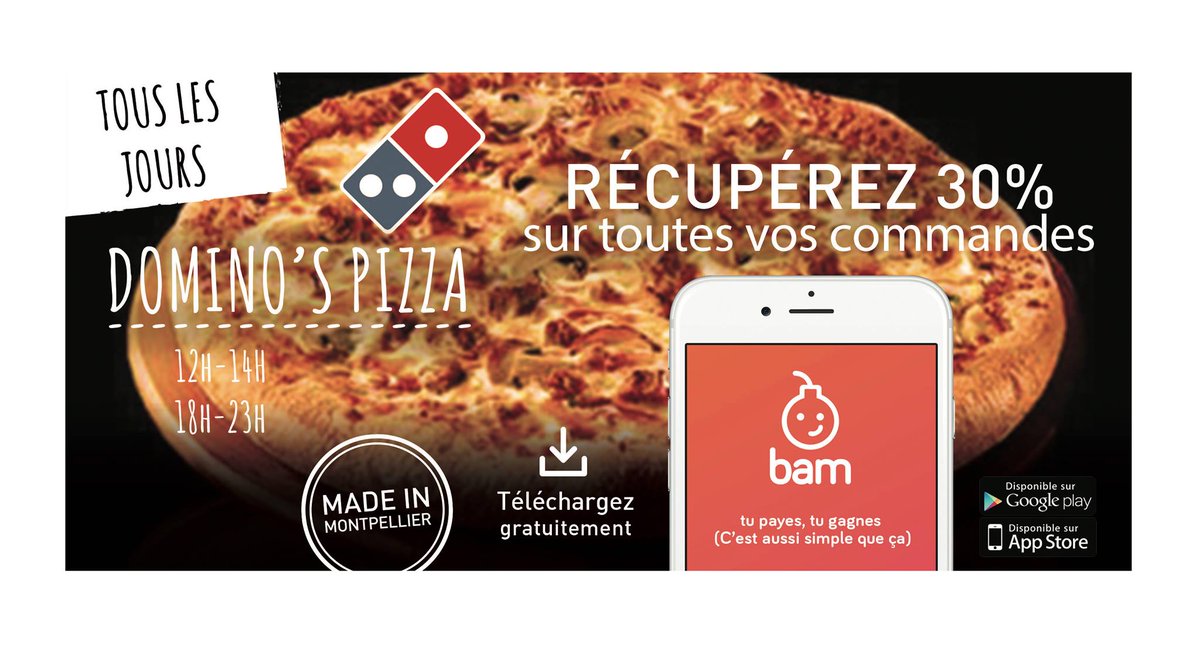 BamApplication's tweet photo. Comme tous les jours chez @dominos Pizza récupérez 30% de votre commande avec @BamApplication!💥🍕
 #BAM #CashBack #DominosPizza #Pizzas https://t.co/TBsfDwbdM3
