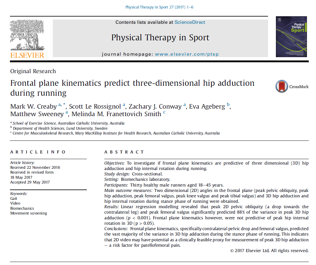Prediction of 3D hip adduction in running possible from frontal plane kinematics. Paper currently open access: authors.elsevier.com/a/1VTtd,XMZMB0…