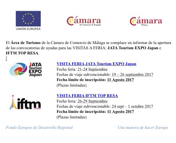 Camara_Malaga's tweet photo. Abiertas Convocatorias de ayuda para VISITA A FERIAS: JATA e IFTM  Más info: https://t.co/9OnZtTesqF e https://t.co/rRrO6yi95z #CamaraTur https://t.co/gRhawLG0N9