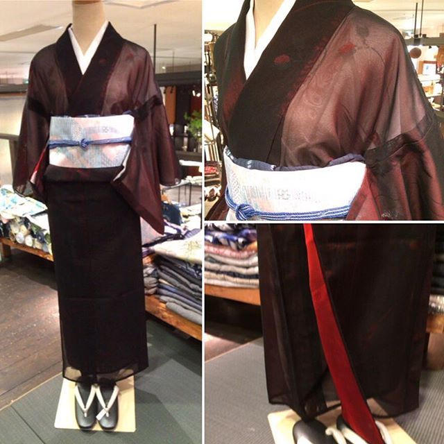 着物 正絹 夏物 通風紗 黒×赤 眠い ひし形 K314N 着物 正絹 夏物 通風紗 黒×赤 眠い ひし形 K314N