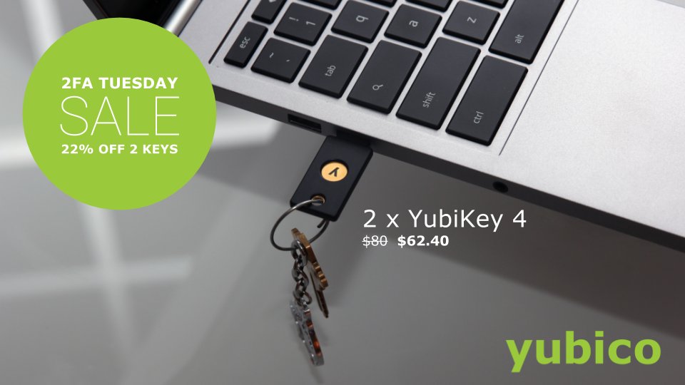 Yubico's tweet photo. It's time for our monthly #2FactorTuesday #YubiDeal! Get 22% off 2 #YubiKey 4 or YubiKey NEO. Deal ends @ 11:59pm PT https://t.co/RhSTKPYziY https://t.co/ygYq2rsu0e