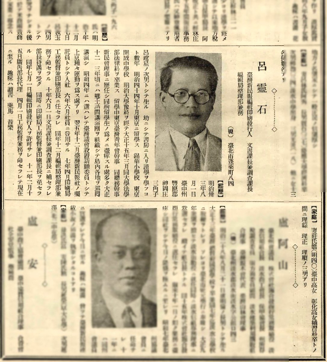#呂靈石 臺灣新民報編輯印刷發行人
1900年8月1日生

圖 #臺灣人士鑑 1937
