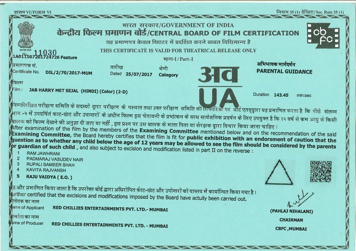 SRKMalaysiaCFC's tweet photo. Censor Certificate of #JabHarryMetSejal 
#JHMSThisFriday #3DaysToJHMS https://t.co/JdKArJUCAg