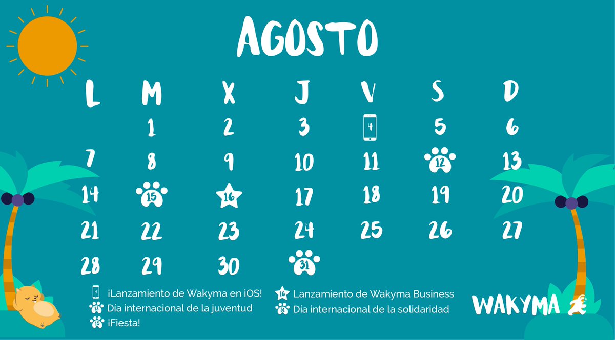 ¡Hola Agosto! ¿Qué planes tenéis para el mes? 🌞🌊 Os dejamos nuestro #WakyCalendario 😽 #BienvenidoAgosto