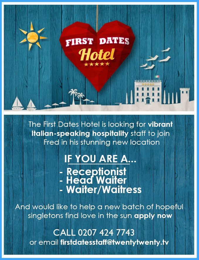 I am looking for an Italian receptionist and waiter to join our <a href="/FirstDates/">First Dates</a> hotel team this summer. Send your cv to 👇🏻