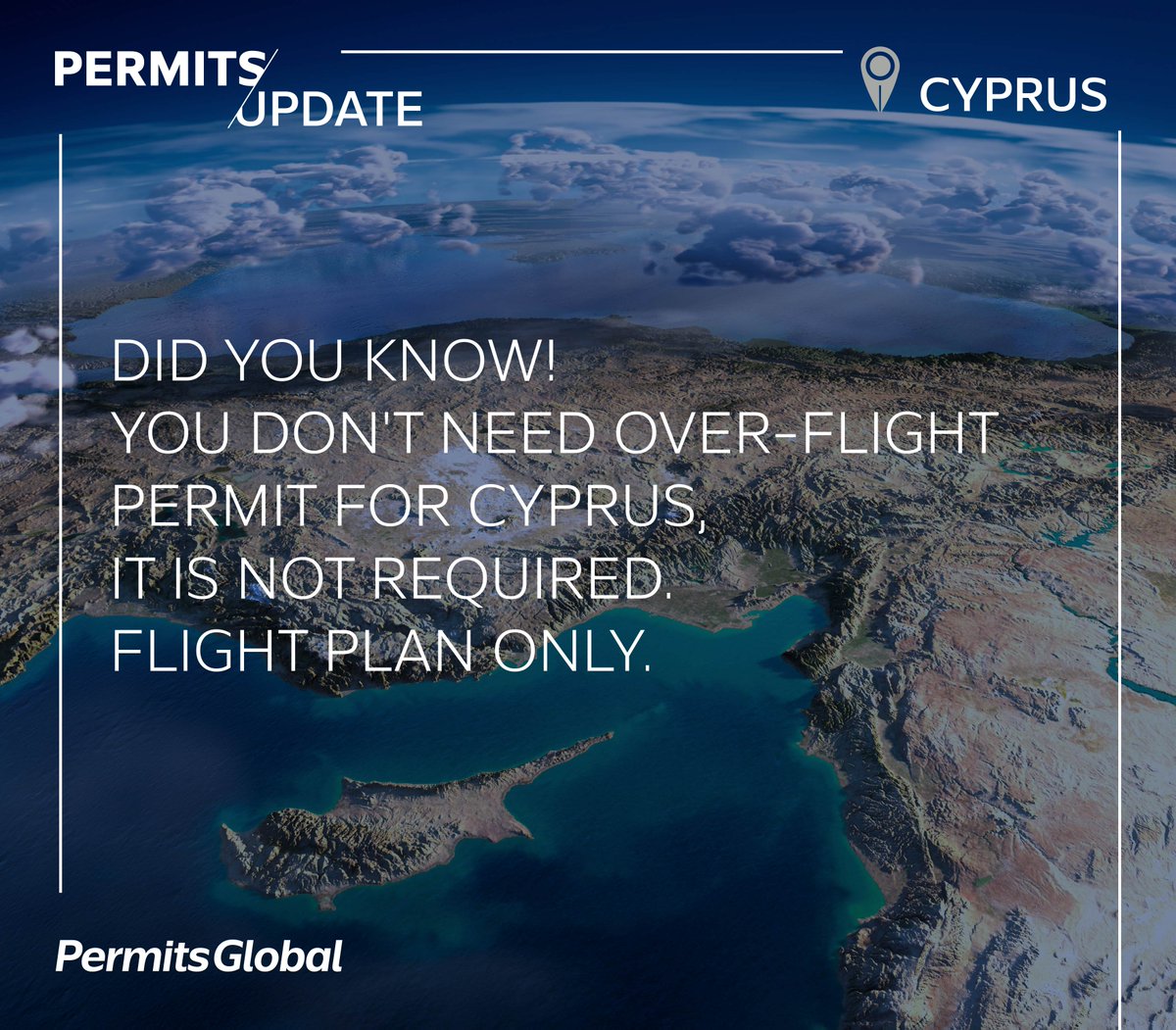 PermitsGlobal's tweet photo. Did you know! You don't need over-flight permit for Cyprus, it is not required. Flight plan only.

#PermitsGlobal #Cyprus https://t.co/7jRVAGeFNW