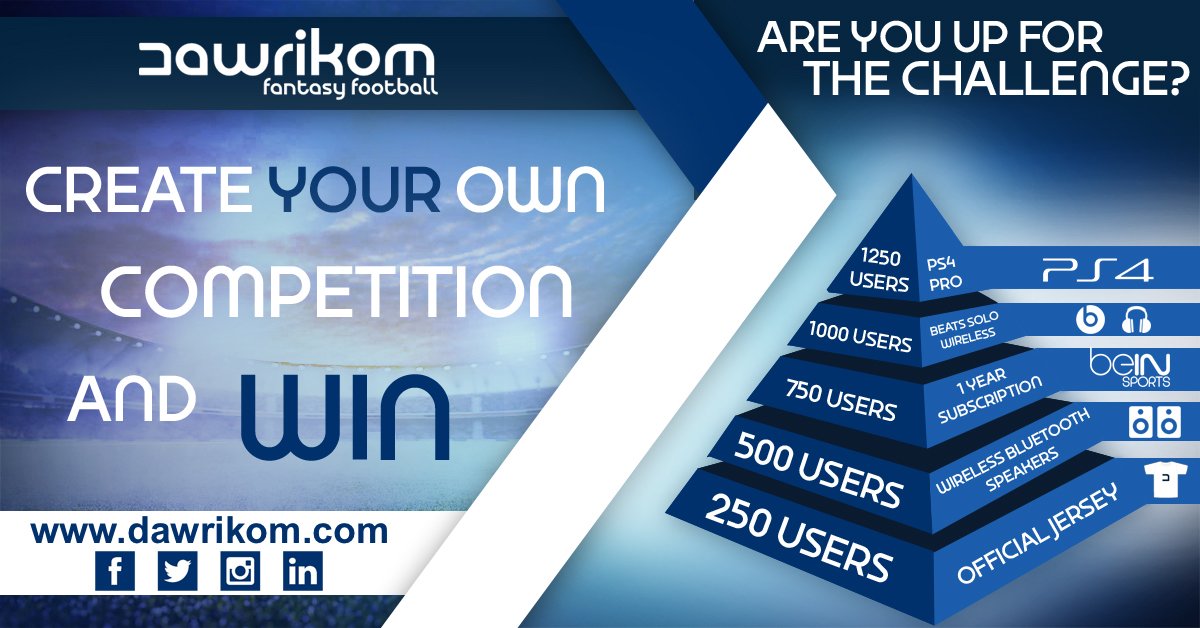 DawrikomFantasy's tweet photo. Create your own competition and #win amazing #prizes 😍
Are you up for the #challenge? 
#FantasyFootball #EPL #dawrikom #weeklyfantasy https://t.co/Yvsf9KWcjD