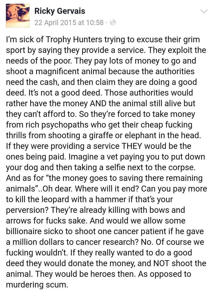 Protect_Wldlife's tweet photo. VERY wise words from @RickyGervais as he describes trophy hunters PERFECTLY!

#BanTrophyHunting #BanCannedHunting https://t.co/lEy1gVPjgU