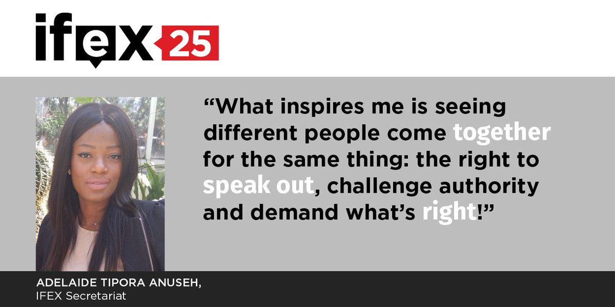 IFEX's tweet photo. .@AdelTipora tells us what inspires her about the IFEX network, in its 25th year. #IFEX25 @TheMFWA @MRA_Nigeria @imesoimeso @NUSOJofficial https://t.co/Ir33YuJ52h