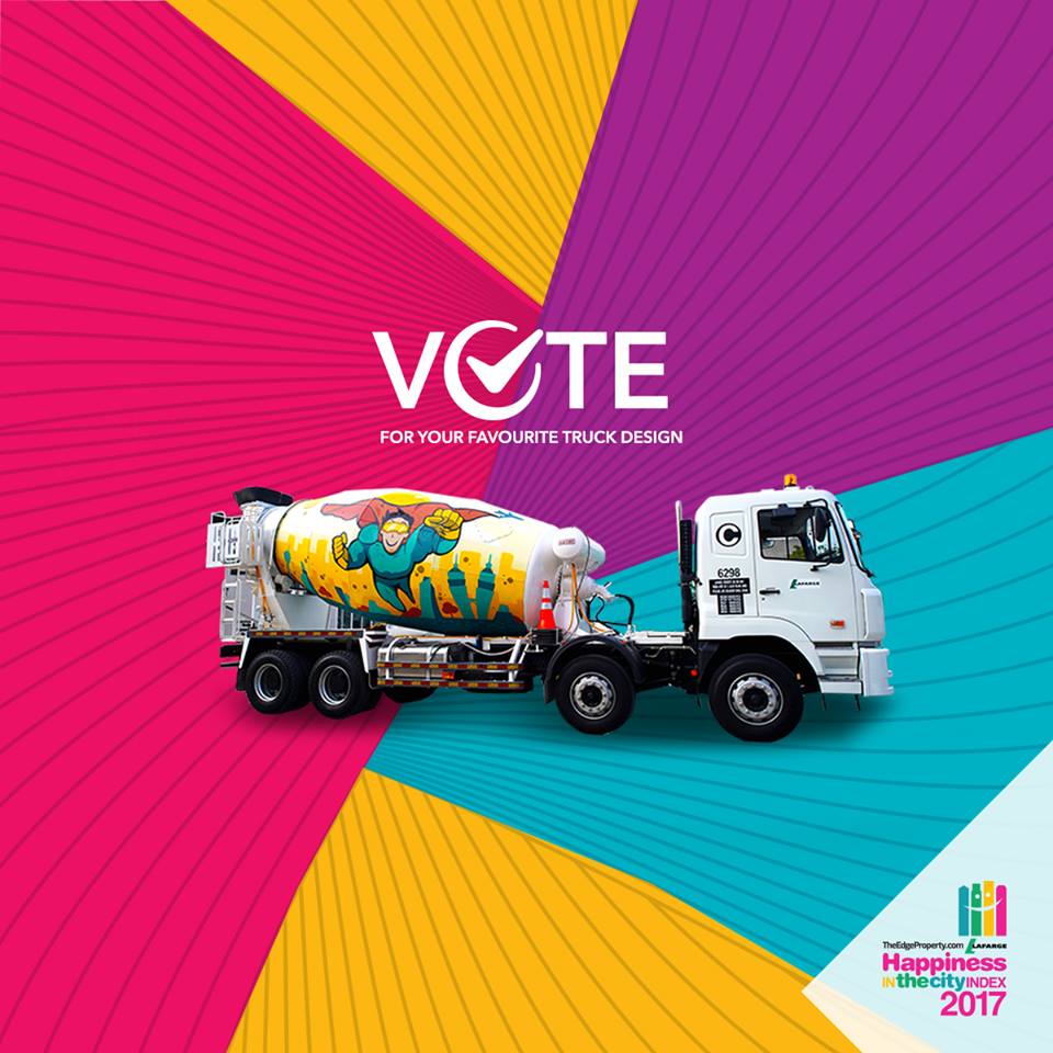 Holcim's tweet image. If you're happy &amp;amp; you know it, vote for your favorite truck design! #LafargeMalaysia salutes #HappinessintheCity 🌇 ow.ly/8DQF30e4nOM