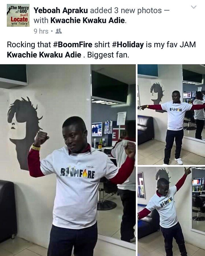 Kwachie_Adie's tweet photo. Great fan love. He did his own #BoomFire shirt. #Holiday is going places by Grace. Happy New Month https://t.co/8JzG35smUG