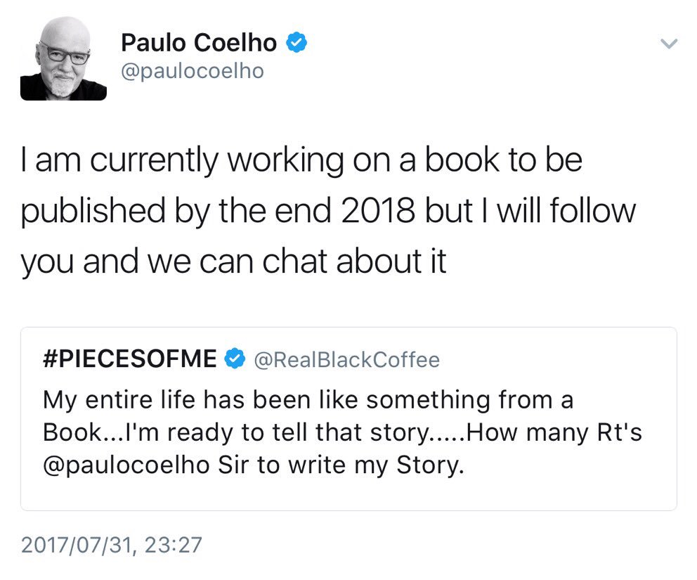 Karabo_Mokgoko's tweet photo. Paulo Coelho, best selling author of "The Alchemist" could be writing Black Coffee's biography 🙌🏽 https://t.co/PXi7Hiautq