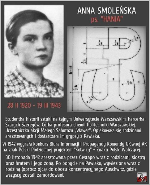 analizuje's tweet photo. W 1943 w niemieckim obozie Auschwitz w wieku 23 l. została zabita Anna Smoleńska ps. Hania
Twórczyni „Kotwicy” symbolu Polski Walczącej.
#PW https://t.co/AGeEdy4NZm