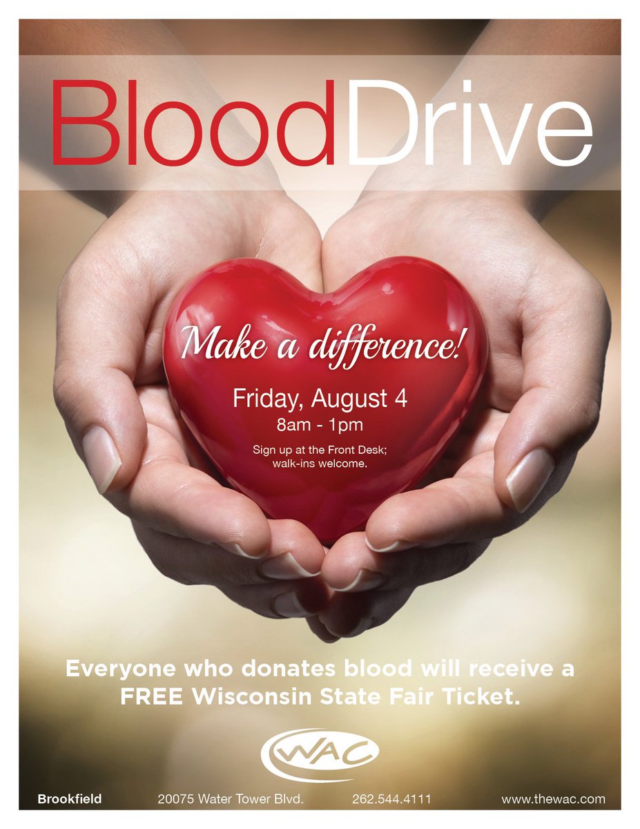 TheWAC's tweet photo. Make a difference in someone's life and sign up for our blood drive this Friday at WAC Brookfield. https://t.co/HZxNR4zIC4