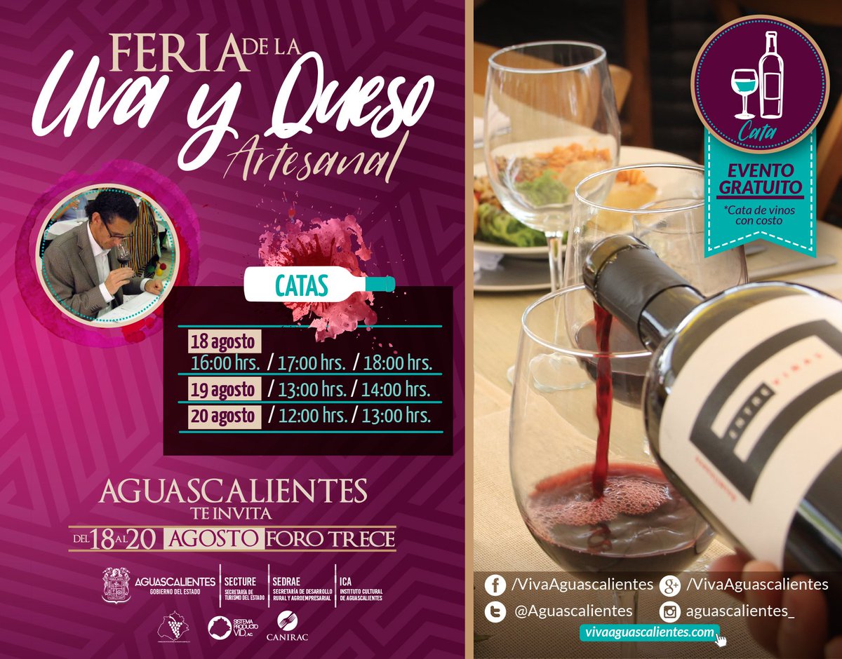 Aguascalientes's tweet photo. ¡Si lo tuyo son las catas! Te esperamos del 18 al 20 de Agosto en #ForoTrece en la Feria de la Uva y Queso Artesanal. https://t.co/7ncu2G3YSg