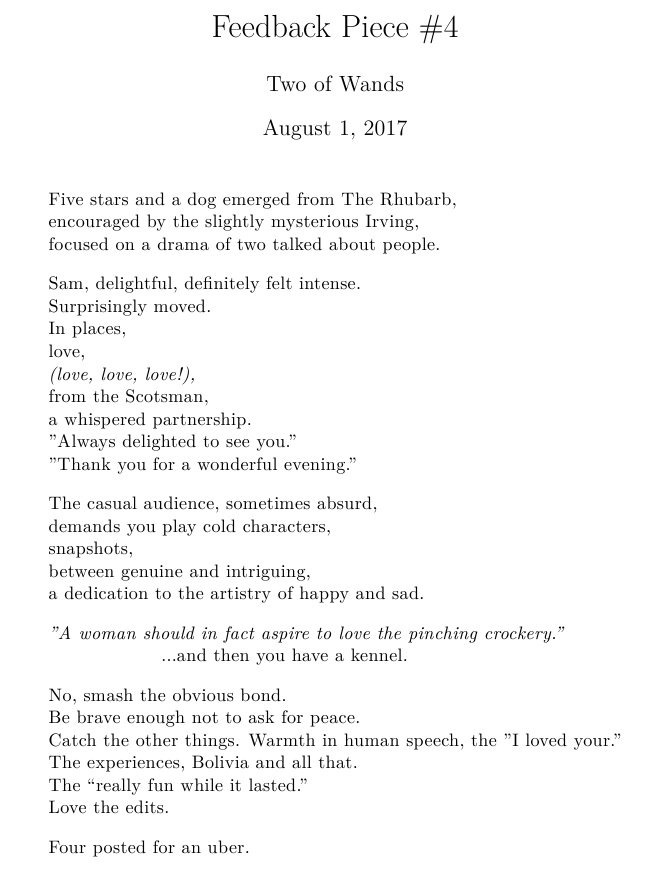 TwoOfWandsImpro's tweet photo. Feedback piece #4: a cut-up poem we have made using text of audience feedback from our gigs at @ImproFestUK &amp; @DuckDuckG https://t.co/SiJUKKH8AD