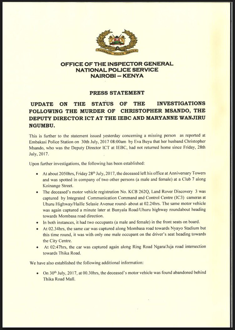 NPSOfficial_KE's tweet photo. UPDATE ON THE STATUS OF INVESTIGATIONS FOLLOWING THE MURDER OF CHRISTOPHER MSANDO,DEPUTY DIRECTOR ICT AT THE IEBC &amp; MARYANNE WANJIRU NGUMBU. https://t.co/9D6eCnC6zE
