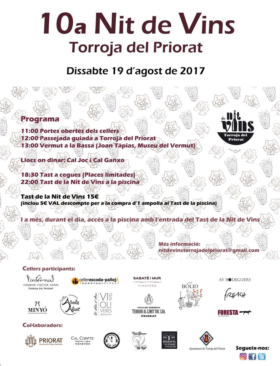 rtroyano's tweet photo. Cita imprecindible en #Priorat el 19 d agosto > @nit_de_vins los invitados d la 10a edición son: @avbodeguers @CellerFrisach @VinsDeForesta https://t.co/3pynOGtuJu