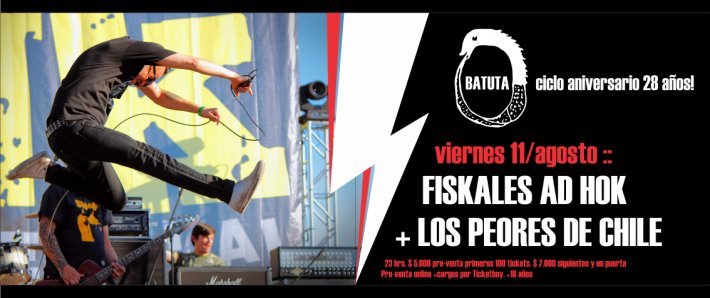 ZumbidoCL's tweet photo. Los Peores De Chile, @Fiskalesadhok y Durango se presentan este 11 de agosto para celebrar 28 años de @LA_BATUTA entradas en @tickethoychile https://t.co/CNMEpHN2SO