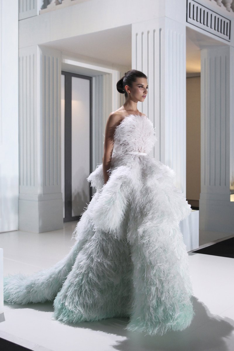 white feather evening gown