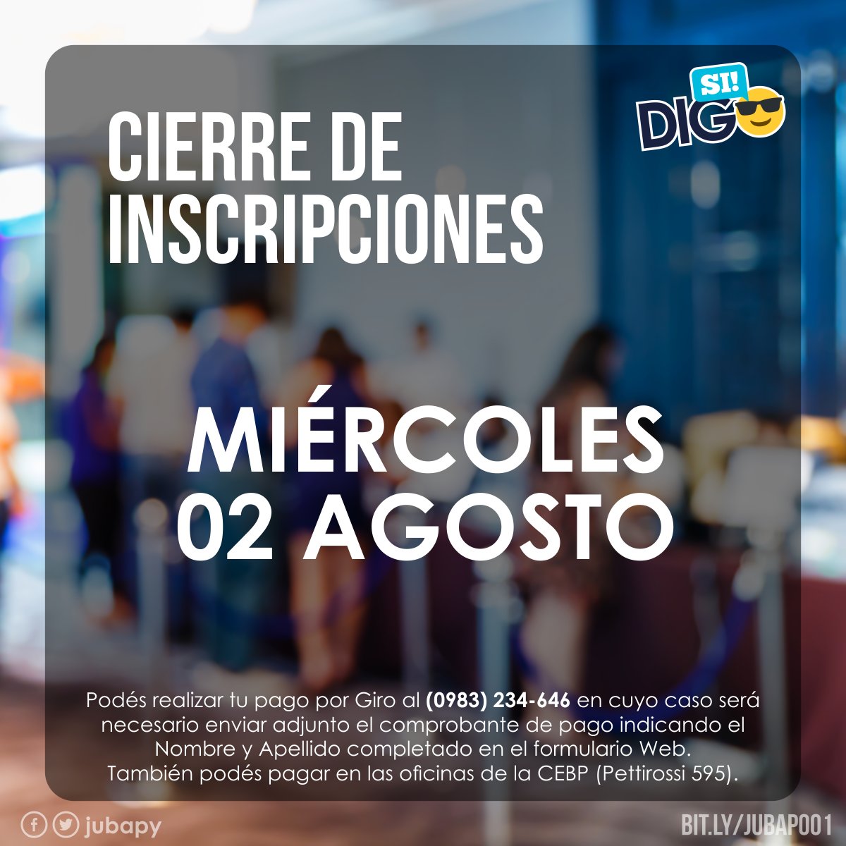 jubapy's tweet photo. APURATE! Últimas horas para inscribirte...

Inscribite hoy mismo en 🖥 https://t.co/jTT16I7Ys8 o llamá al 📞 (021) 227-110 📱(0983) 234-646. https://t.co/u9ua289Dlc