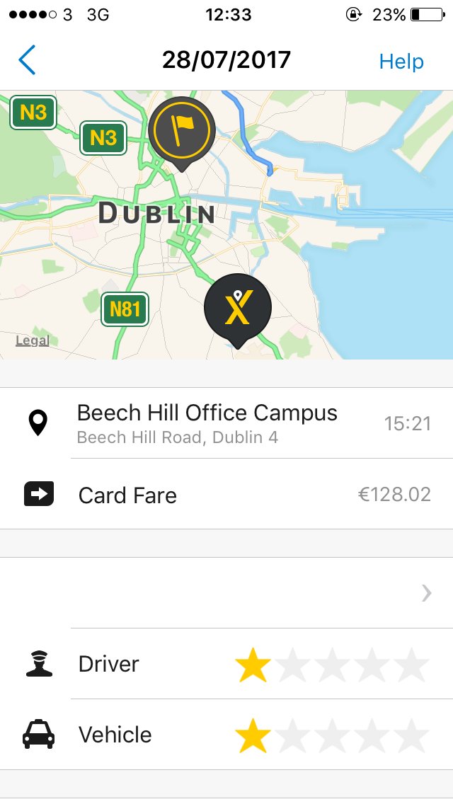 CraigMartian's tweet photo. Charged €128.02 for a €12.80 fare, wouldn't mind but @mytaxi_ie havn't answered a single email in 4 days. Driver said it'd take a day. #LIES https://t.co/HCWfXGPuil
