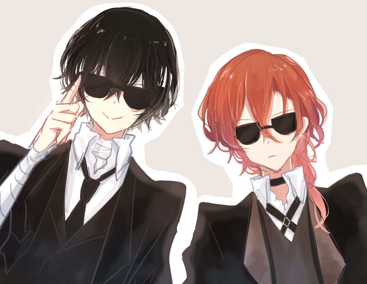 multiple boys 2boys sunglasses black hair male focus necktie bandages  illustration images