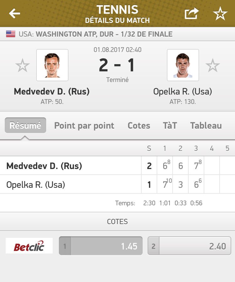 ventes_14's tweet image. 🔥Bet Fichier 

🎾 | Medvedev @1.45 ➡️ 80%✅✅

#ATPWashington🇺🇸