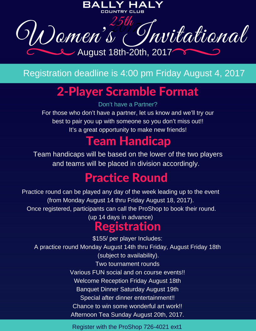 BallyHaly's tweet photo. An invite to all Women Golfers! 
Join us for our 2-Day/ 2 Person Event...
Click on the poster for all the details! 
#GolfNL #yyt #RecNL #Fun https://t.co/eX4tCpPtIh