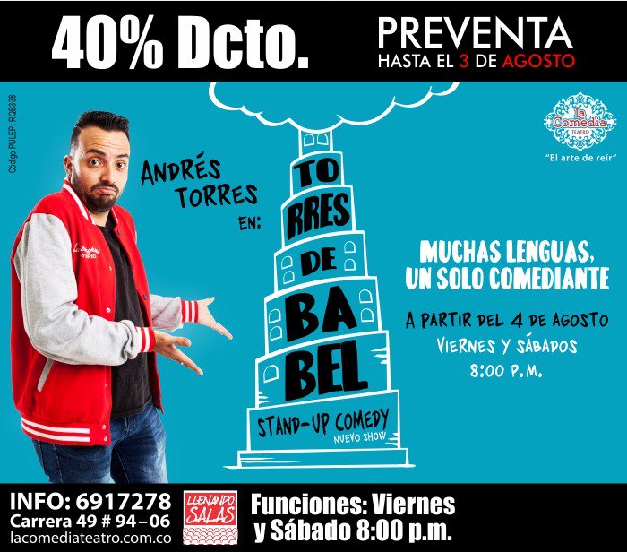 DeFrenteAmplia's tweet photo. Amig@s mí@s estaré en @LaComediaCo presentando #TorresDeBabel y está con el 40% de descuento en preventa hasta el 3 de Agosto. Los espero https://t.co/JoEnAAleVU