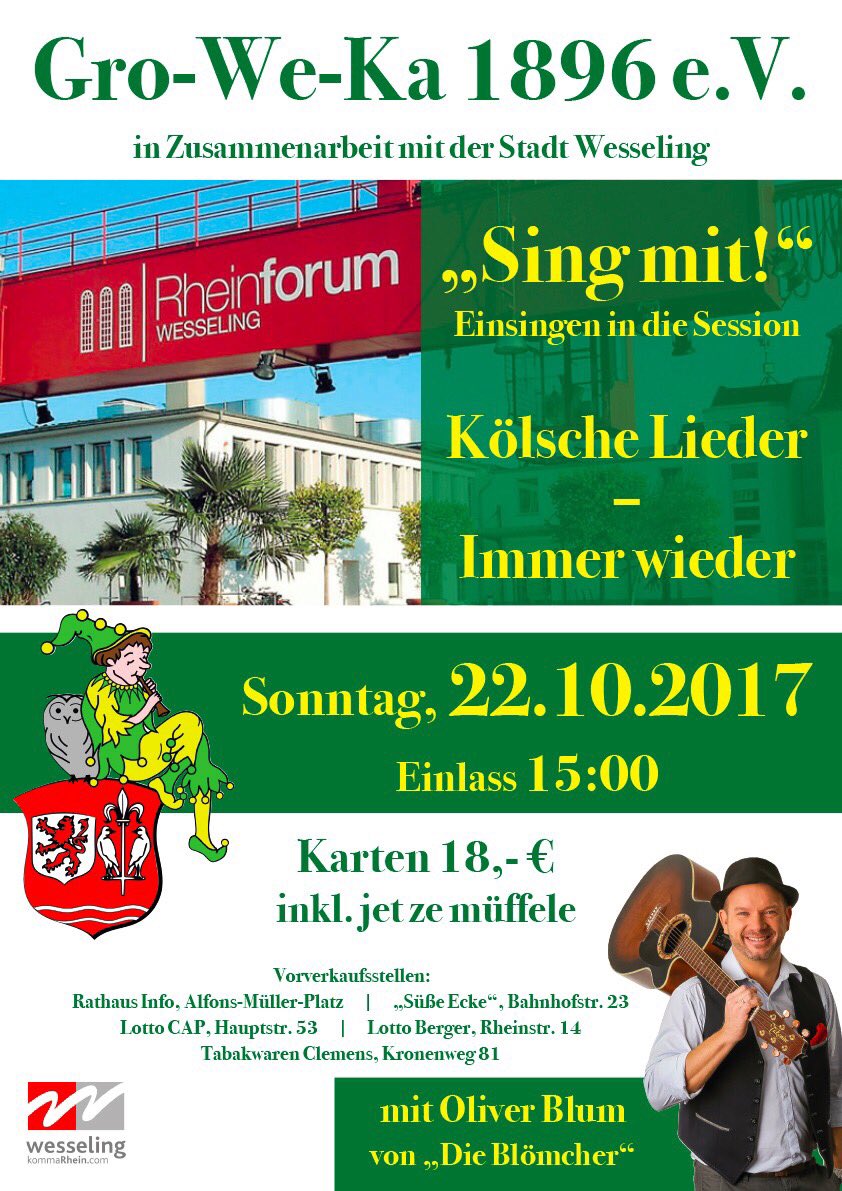 jeckopwesseling's tweet photo. "Sing mit!" Heute beginnt der Kartenvorverkauf an den genannten Vorverkaufsstellen & bei den Vorstandsmitgliedern!#GroWeKa @Stadt_Wesseling https://t.co/Gob6SbBypZ