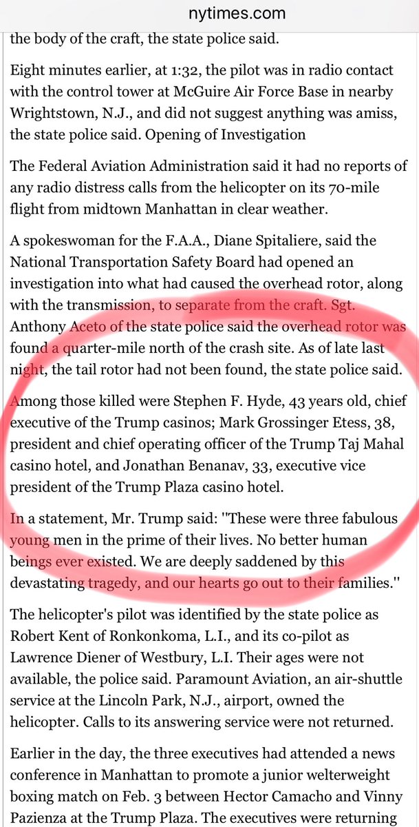 1989 Helicopter Crash killed 3 Top executives of Trump CasinosTrump was under investigation for laundering and DEEPLY in dept. 
