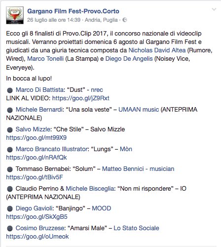 🌊 N E W S 🌊
Il video di Lungs verrà proiettato al Gargano Film Fest-Provo.Corto poiche' tra gli 8 finalisti di Provo.clip 2017!!!