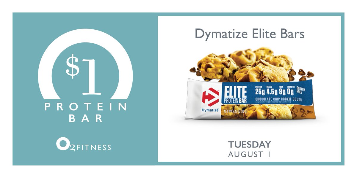 O2FitnessClubs's tweet image. News flash 🎉 Refuel post-#workout with @dymatize #protein bars for $1—TODAY ONLY! Redeem at the front desk. #O2Fitness #Dymatize