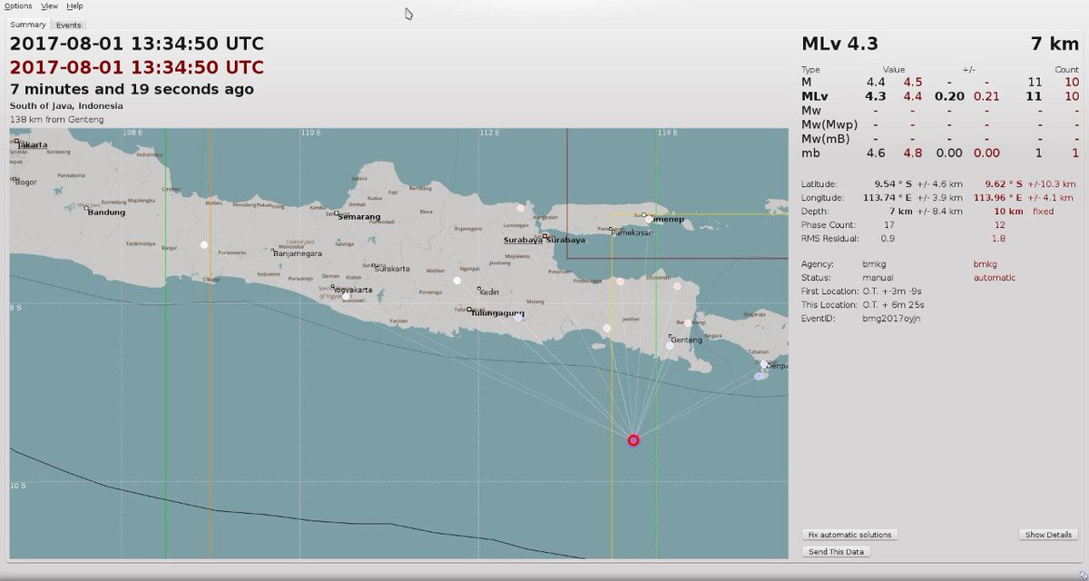 #InfoGempa Mag:4.4 SR, 01-Aug-17 20:34:50 WIB, Lok:9.54 LS,113.74 BT (151 km Tenggara JEMBER-JATIM), Kedlmn:7 Km. #BMKG-PGR VII #BPBDJTM