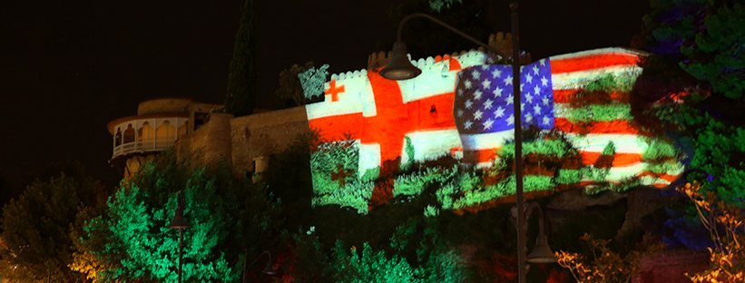 Amb_Salukvadze's tweet photo. Old Tbilisi lit up in colors of Georgian and American flags to honor the visit of Vice President Pence @VP ️🇬🇪 🇺🇸 #VPinEurope #USGeorgia https://t.co/Kg46FuXwB9