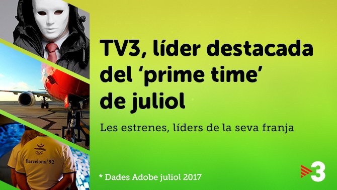 TV3 consolida el lideratge en el "prime time" (14,1% de mitjana).
"Las cloacas de Interior", el més vist del juliol.
goo.gl/AxHK7e