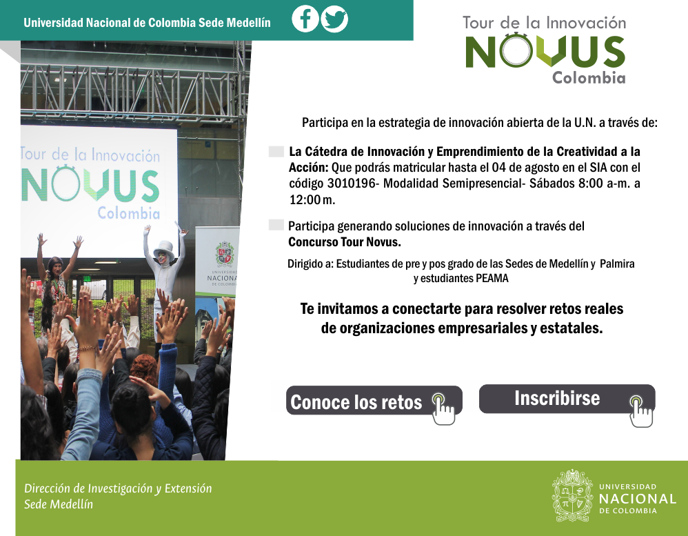 DieUNMed's tweet photo. #ComunidadUN Cátedra de Innovación y #TourNovus Inscribirse: https://t.co/3eKWdSKw3Q Retos info en: https://t.co/kV2ihRQzL1 https://t.co/lhYqI0PyRS