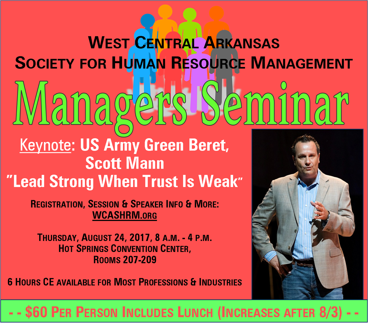 WCASHRM's tweet photo. 14th Annual WCASHRM Managers Seminar at Hot Springs Convention Ctr on 8/24. Register online https://t.co/ywDPlMXZ5Z #HR #Manager #VisitHS https://t.co/c5HM6RcP0u
