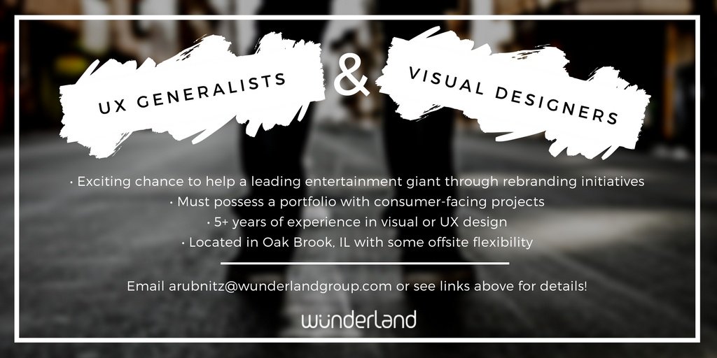 WunderLandGroup's tweet image. #VisualDesigners bit.ly/2hkSQIH.  #UXDesigners bit.ly/2hl4tz9. #UXJobs #DesignJobs #ChicagoJobs #JobSearch #Design #UX