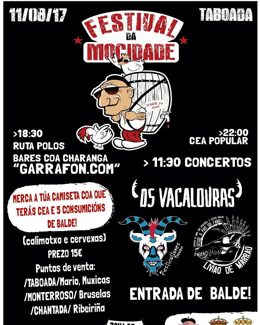 Aquí está o cartel do #FestivalDaMocidade2017!!!

<a href="/LiviaodeMarrao/">Liviao de Marrao</a>
<a href="/festicultores/">Festicultores Troupe</a>  e Os Vacalouras 

☇O 11 de AGOSTO en TABOADA! ☇