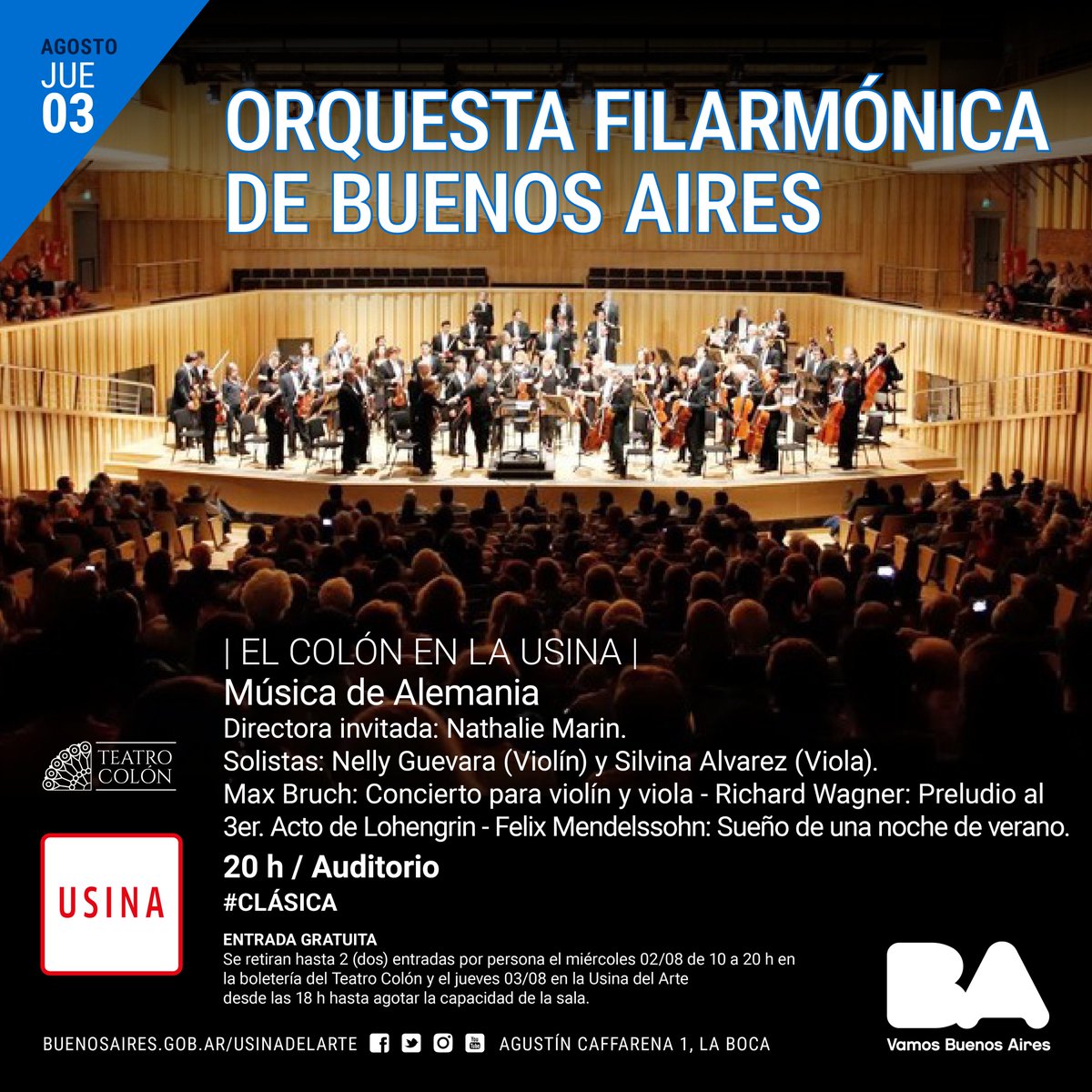 UsinadelArte's tweet photo. Música de Alemania en el Auditorio #Usina con la Orquesta Filarmónica de Buenos Aires. JUEVES 20 h #GratisEnBA https://t.co/8ynDgsEGYw