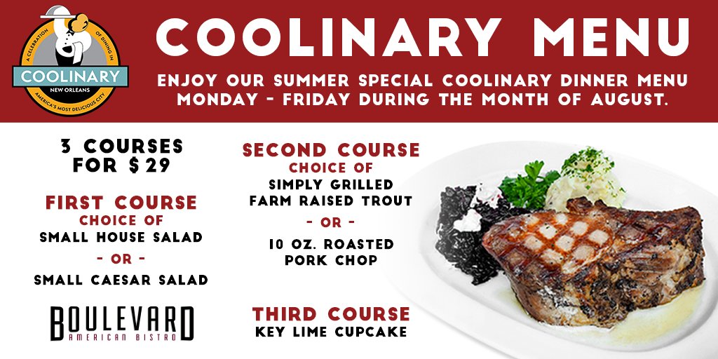 theblvdbistro's tweet photo. Happy #August! Our #COOLinaryNOLA menu is now available M-F all month long🍴😊  #nola #metairie https://t.co/Gohg5KxkKI