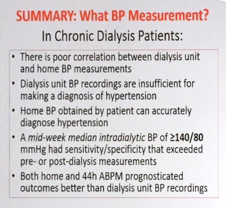 edgarvlermamd's tweet photo. MT @NephRodby Hypertension HTN in ESRD
โ
Best measure is Home BP ๐ก
โ
2nd best is Mid-week median Intradialytic BP
#ASNBRC #Nephpearls https://t.co/9K18Afyc4B