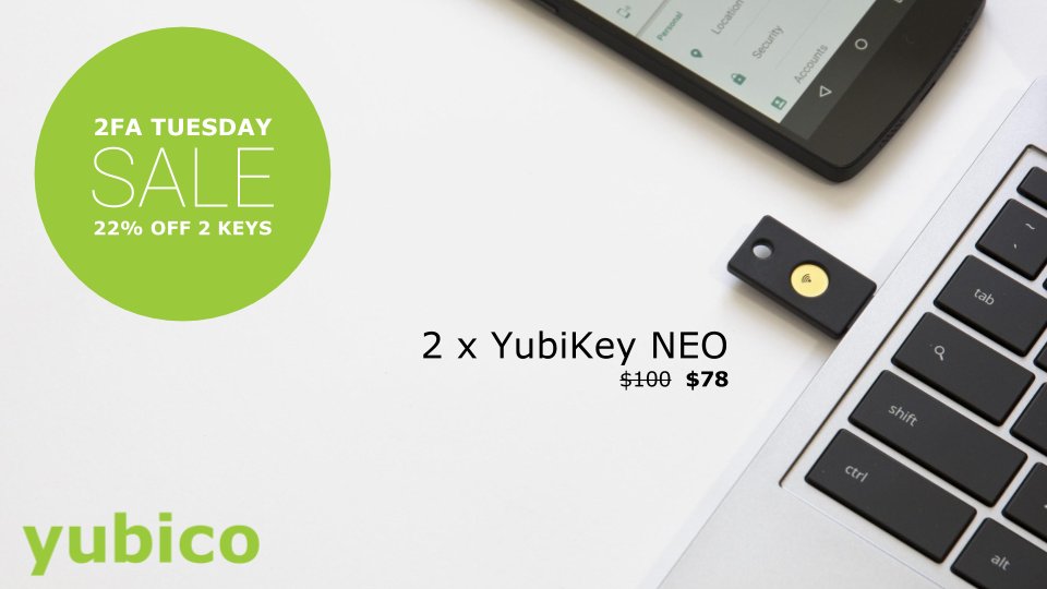 Yubico's tweet photo. Attention #Android users! Take #2FA to mobile with our NFC-enabled #YubiKey NEO. Shop today’s #2FactorTuesday sale. https://t.co/KMN5wzRluz https://t.co/NpHDbgAcPI