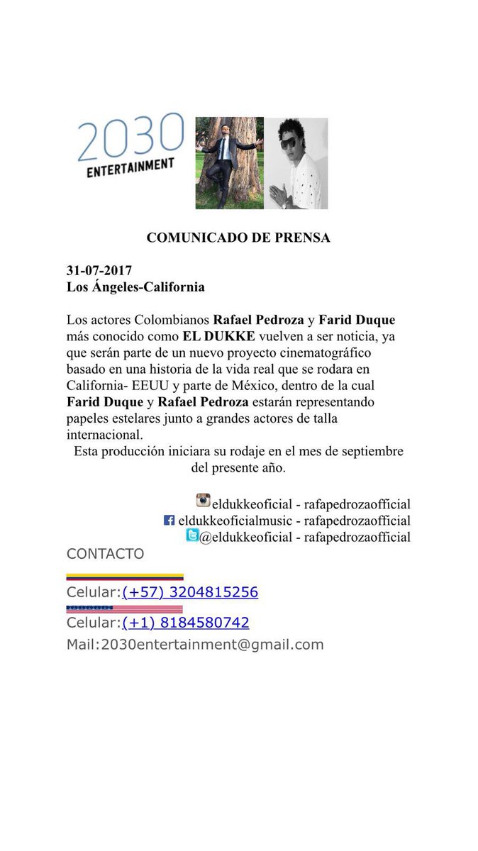 RitalinaT's tweet photo. Les comparto la noticia del momento Los Actores Colombianos Farid Duque EL DUKKE @eldukkeoficial @ELDUKKKE Y @rafapedroza En #Hollywood 🇺🇸RT https://t.co/QgbnD7kmrm