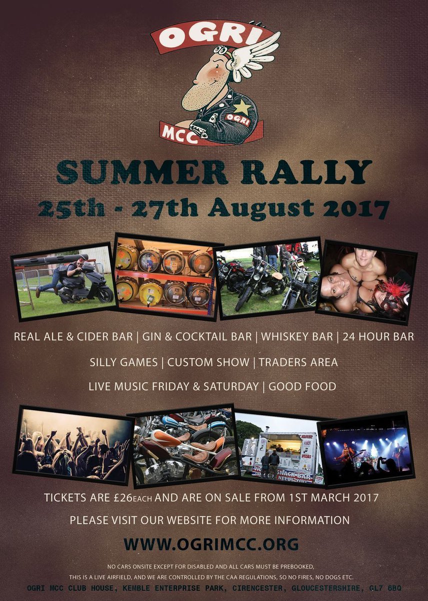 TheMrWibble's tweet image. Tickets for #OGRI MCC 2017 Summer #motorcycle Rally
25th-27th Aug. 2017 
#Beer #Bikes #Bands #Food #Sillygames
buff.ly/2w2vHOr
