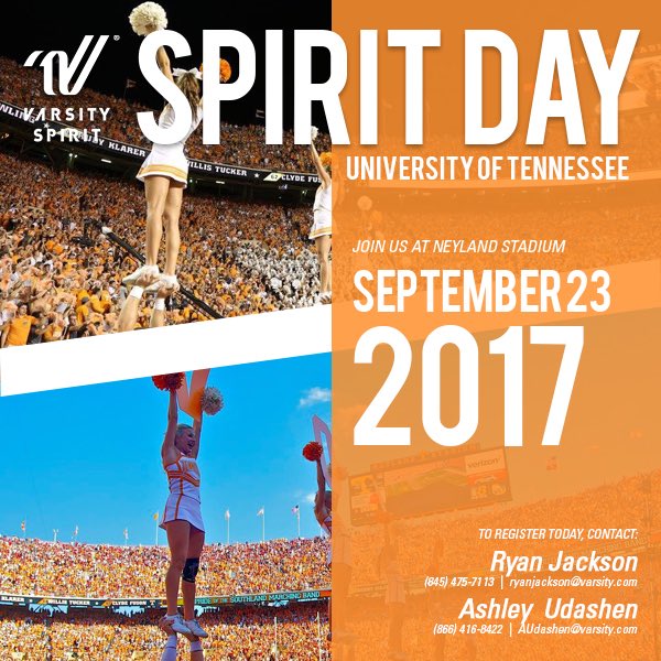 Join us for spirit day at the University of Tennessee on September 23rd! Contact Ashley Udashen at audashen@varsity.com to register today!