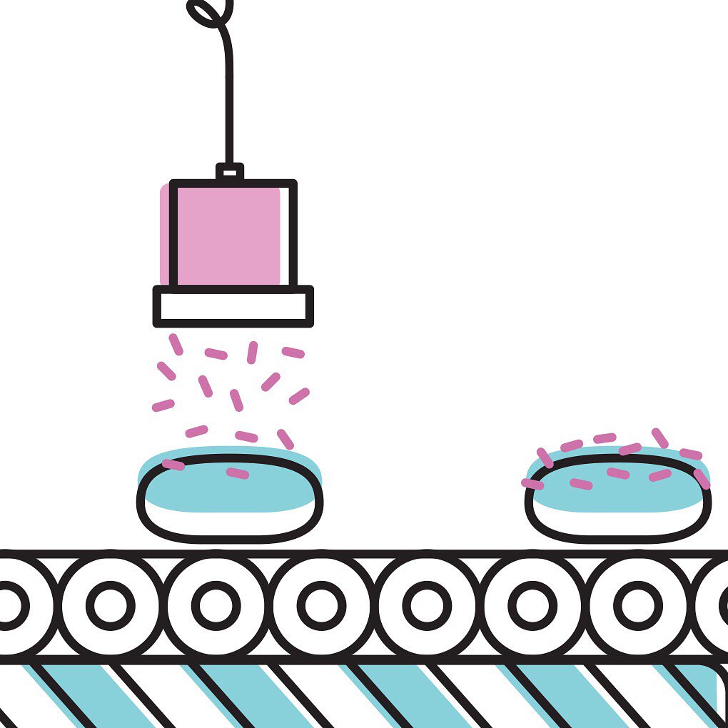 SimmerGroup's tweet photo. To create a playful visual identity beyond the @WowDonutsNDrips logo, we chose to incorporate illustrations with a donut assembly line! https://t.co/Jcl7hvyPvi