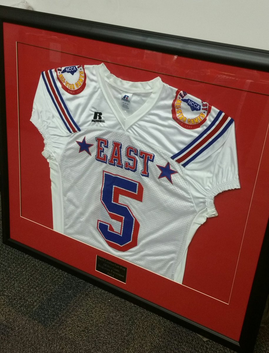 Coach_JWheeler's tweet photo. Really proud to finally have @DMF_5 @NCCoachesAssn #EastWest All-Star jersey framed and ready to be displayed at #CurrituckHS #ProudCoach https://t.co/c5nUOjNiII